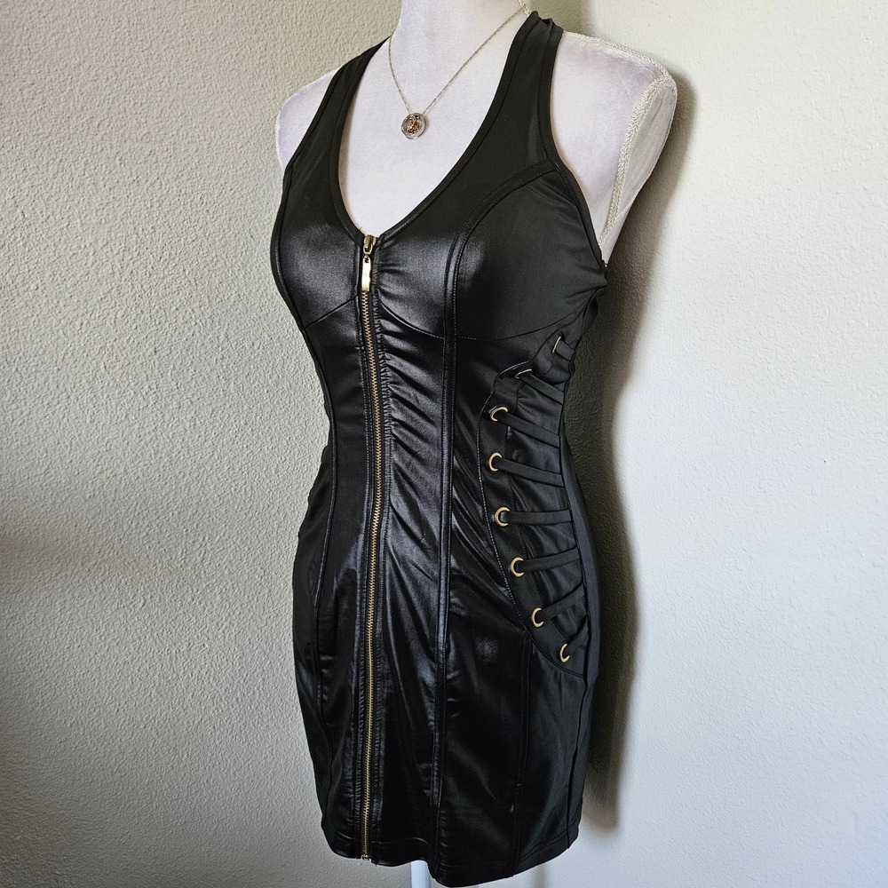 Entry Black Faux Leather Halter Mini Dress Lace Up Side Zip Front